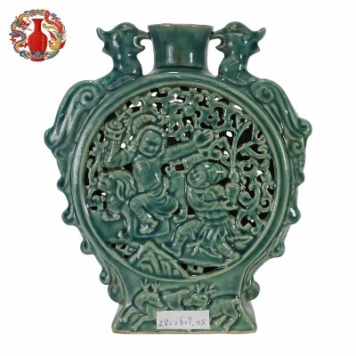 Chai Kiln Celadon Double-Handled Flattened Vase - Five Dynasties Chai Kiln Celadon Double-Handled Flattened Vase - Five Dynasties